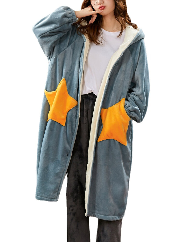 Women's Warm Hooded Coral Fleece Robe with Double Star Pockets