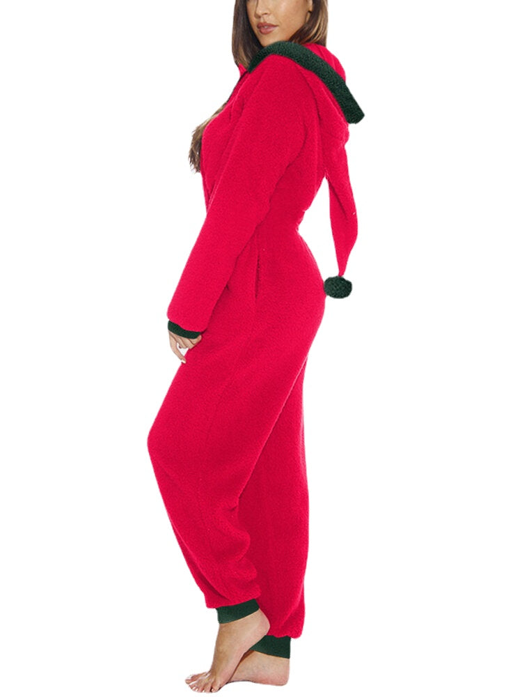 Women's Cozy Fleece Hooded Jumpsuit Sleepwear - Warm Long Sleeve Solid Color