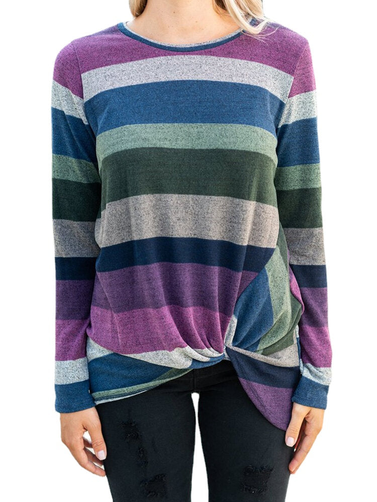Women Multi-Color Striped O-Neck Twist Hem Long Sleeve T-Shirt