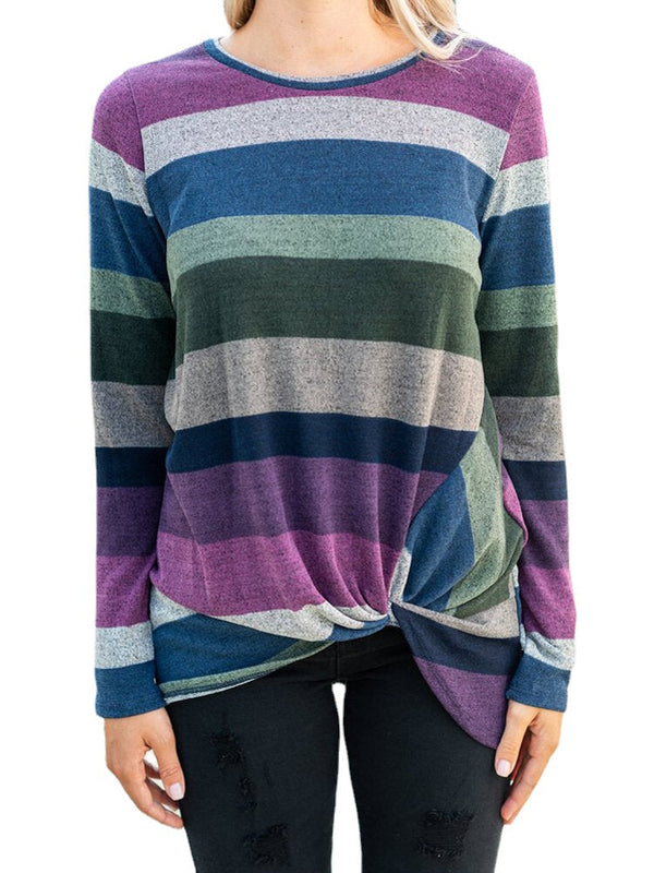 Women Multi-Color Striped O-Neck Twist Hem Long Sleeve T-Shirt