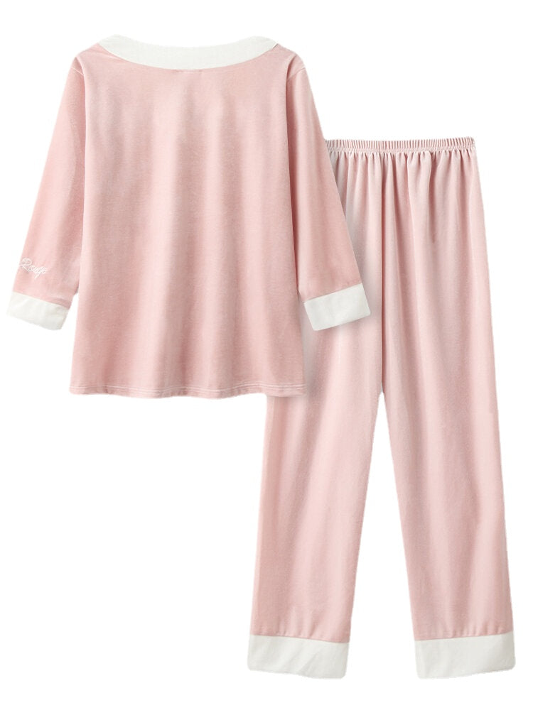 Women's Cozy Velour Pajama Set with Contrast V-Neck & Embroidered Cuffs Main image