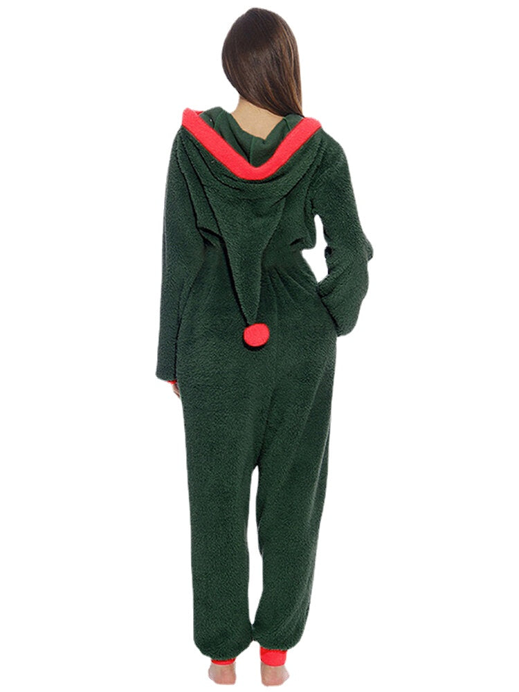 Women's Cozy Fleece Hooded Jumpsuit Sleepwear - Warm Long Sleeve Solid Color