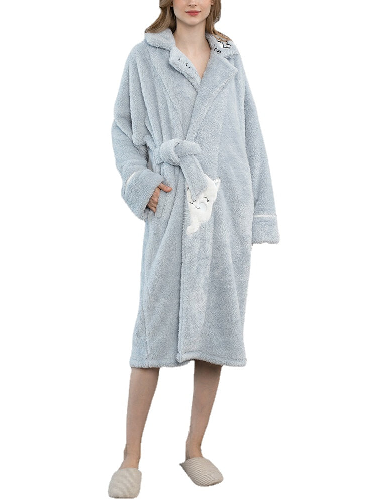 Women's Warm Plush Cat Pattern Sleepwear Robe with Pocket