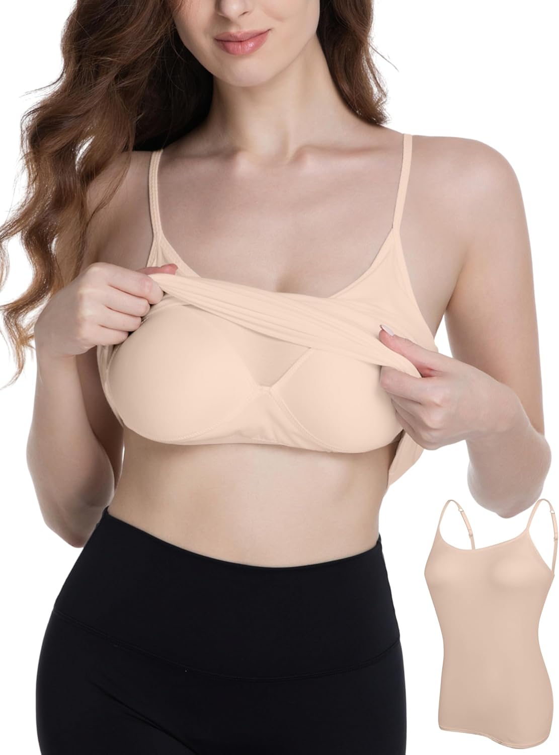 Camisole Tank Top for Women with Built-in Padded Shelf Bra Support,Spaghetti Strap Layering Camis, Basic Undershirt