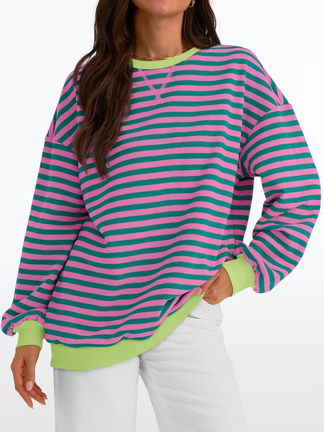 Women's Striped Crewneck Sweatshirt - Oversized Long Sleeve Casual Pullover Top Secondary image