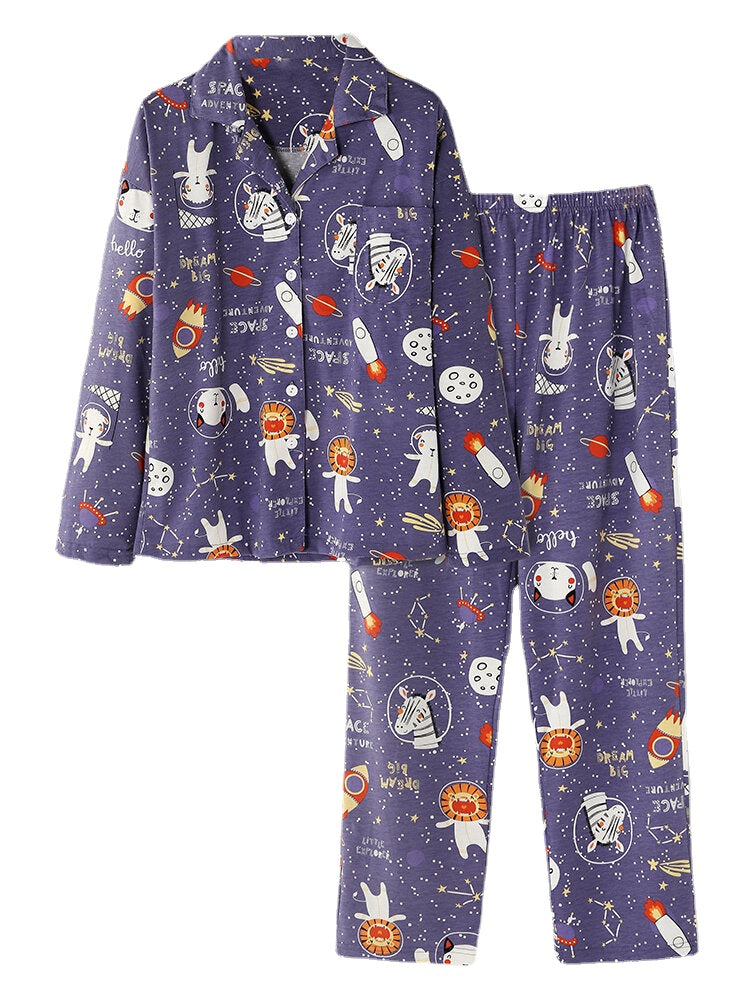 Women's Cartoon Animal Space Print Cotton Pajama Set with Pockets and Elastic Waist Main image