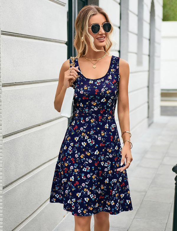 Women Summer Slim Sleeveless Scoop Neck A-Line Flare Sun Dresses