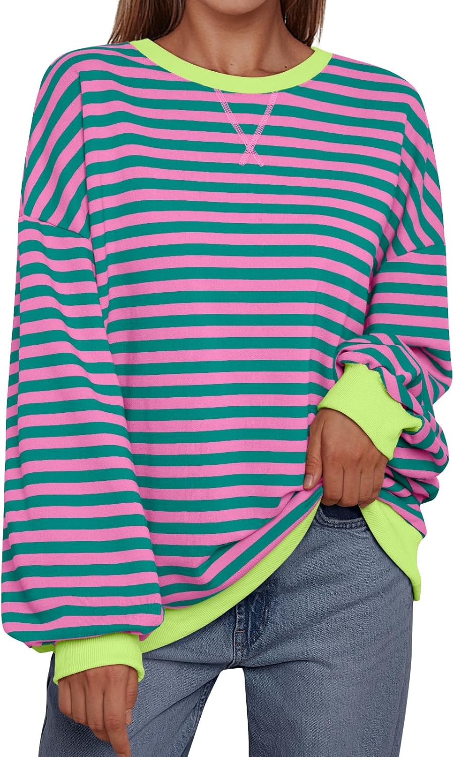 Women's Striped Crewneck Sweatshirt - Oversized Long Sleeve Casual Pullover Top Main image