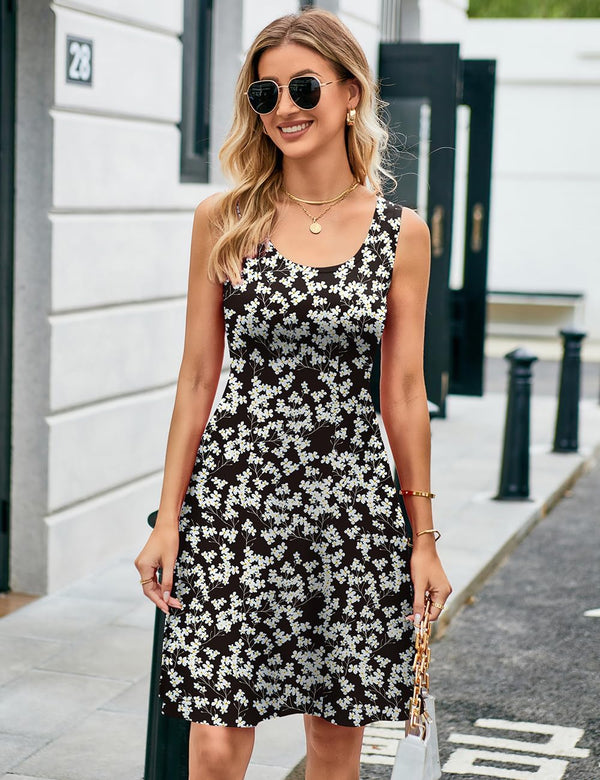 Women Summer Slim Sleeveless Scoop Neck A-Line Flare Sun Dresses