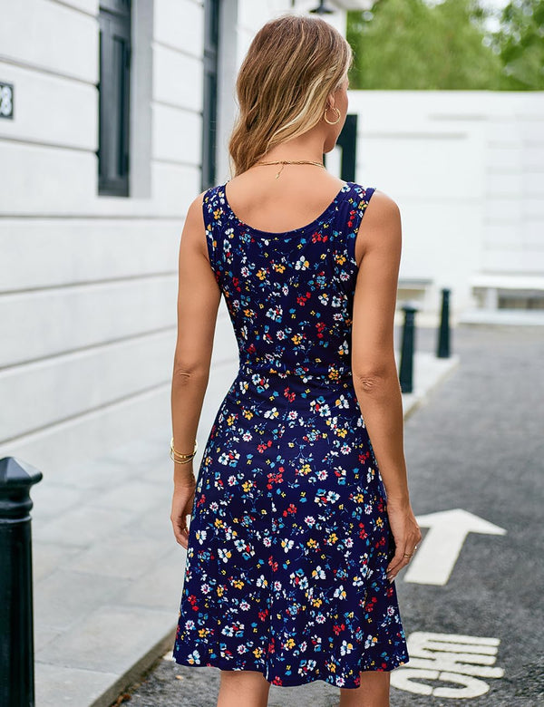 Women Summer Slim Sleeveless Scoop Neck A-Line Flare Sun Dresses