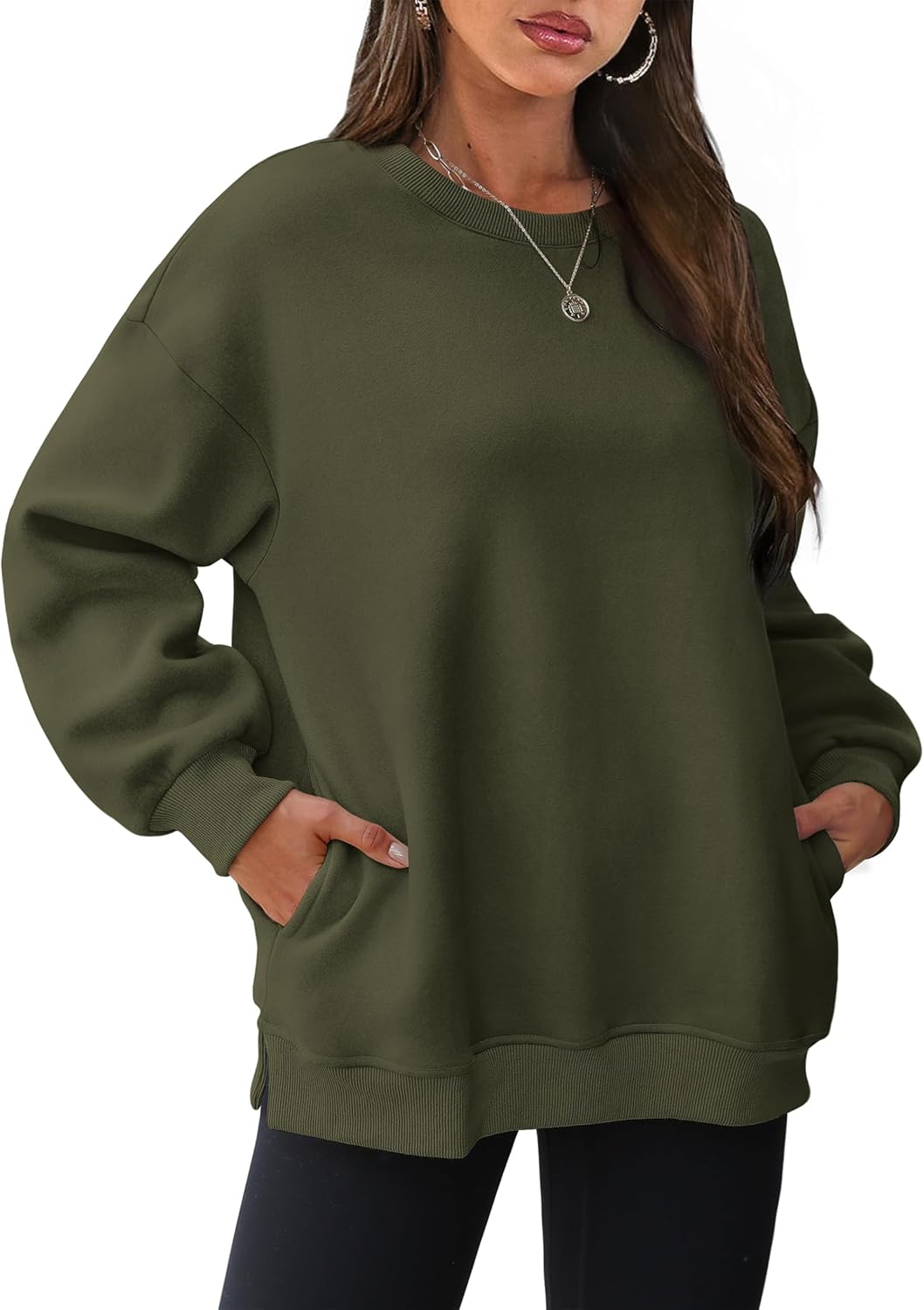 Women's Oversized Crewneck Sweatshirt - Fall Fashion Fleece Pullover with Pockets Secondary image