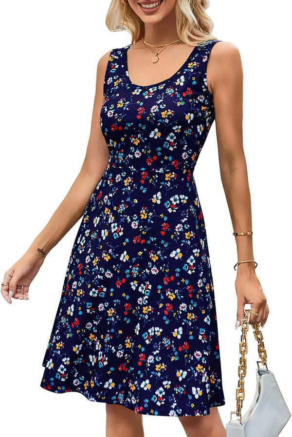 Women Summer Slim Sleeveless Scoop Neck A-Line Flare Sun Dresses