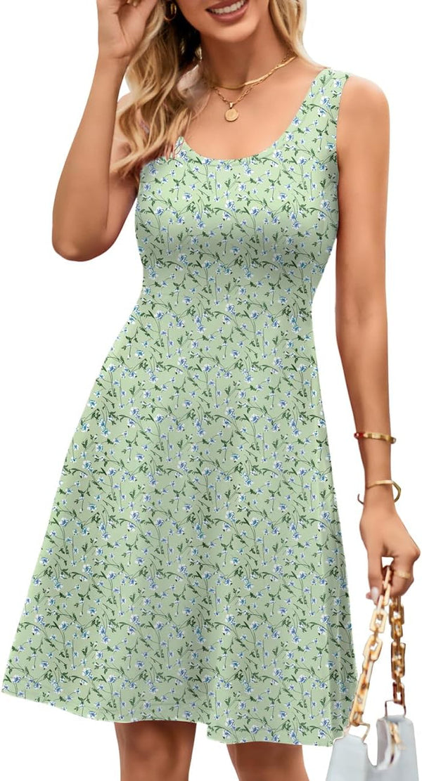 Women Summer Slim Sleeveless Scoop Neck A-Line Flare Sun Dresses