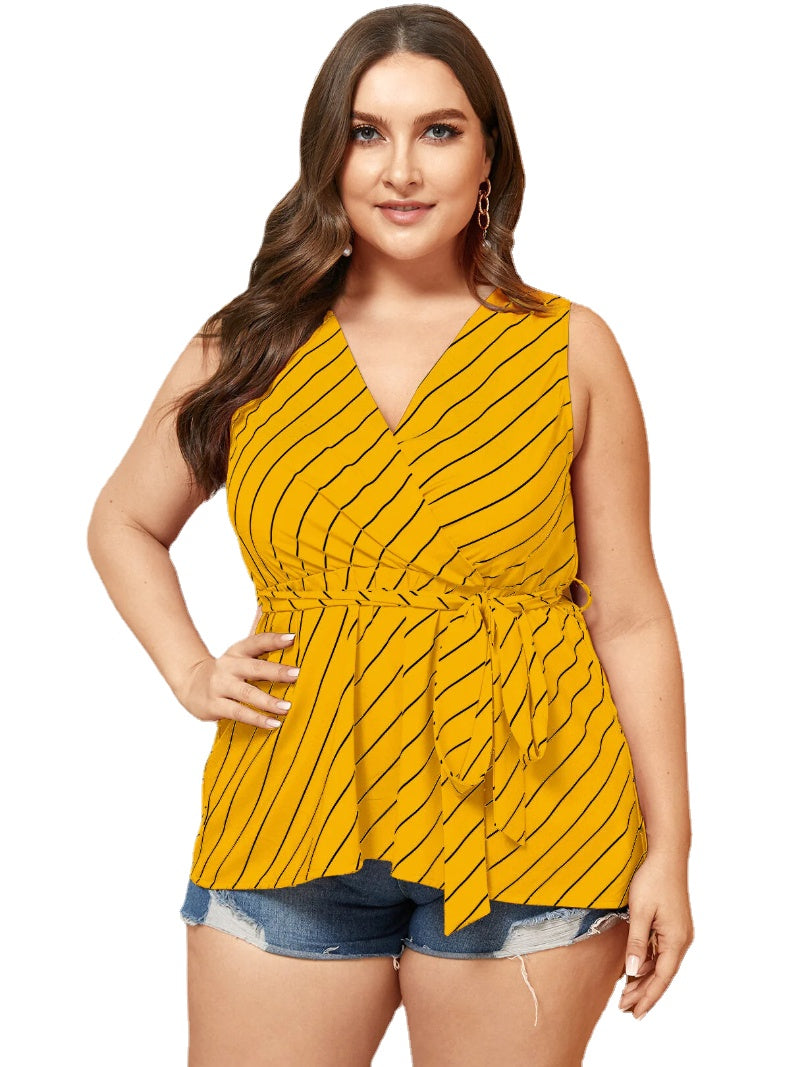 Plus Size Belt Design Striped V-neck Tank Top