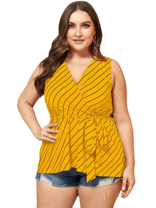 Plus Size Belt Design Striped V-neck Tank Top