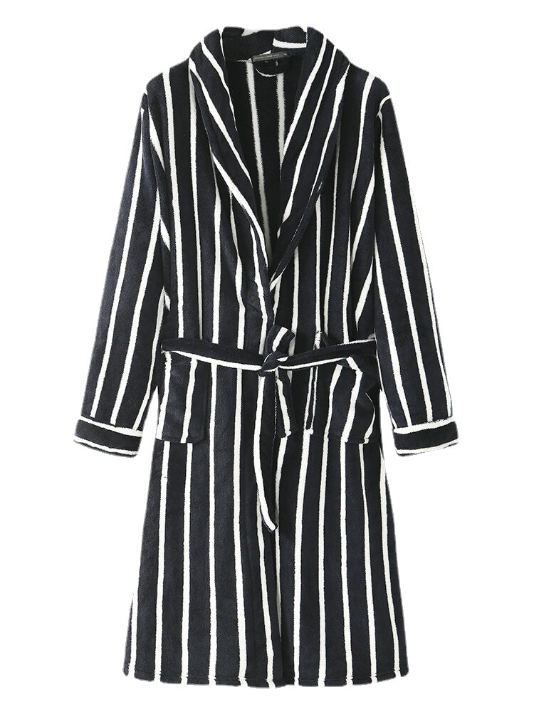 Men Basic Striped Print Flannel Winter Thick Mid-Length Home Lounge Robes