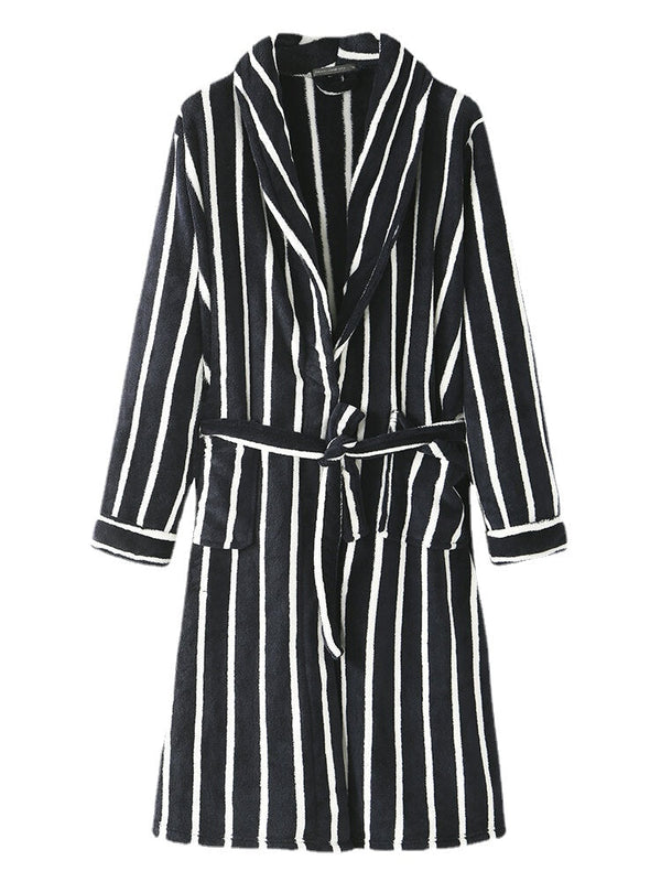 Men Basic Striped Print Flannel Winter Thick Mid-Length Home Lounge Robes