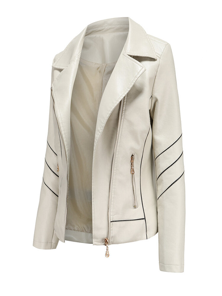 Women Solid Color Faux PU Leather Motorcycle Jacket With Pocket Main image