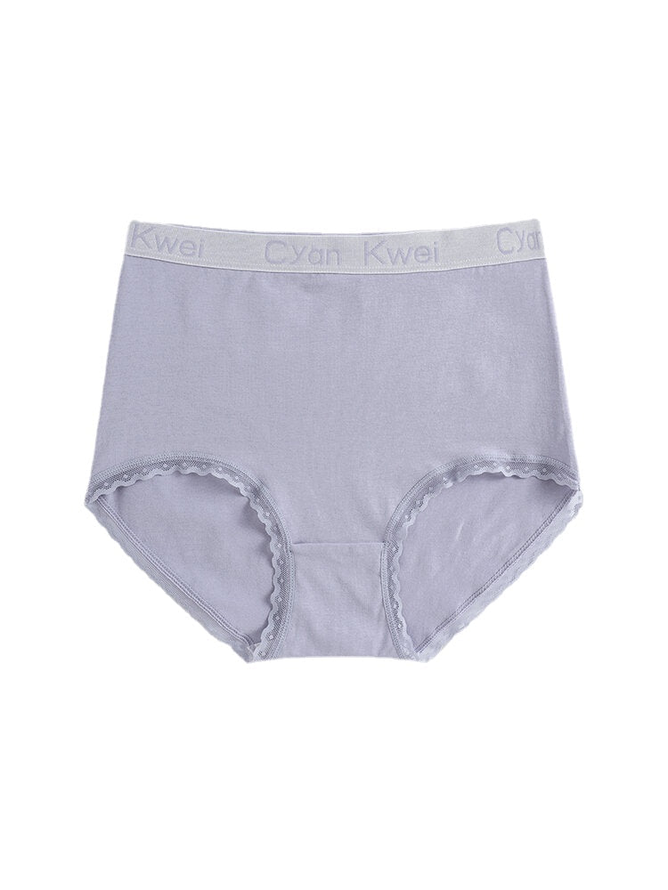 Women's Cotton Lace Trim Panties with Letter Waistband - Solid Color, Cozy Lining