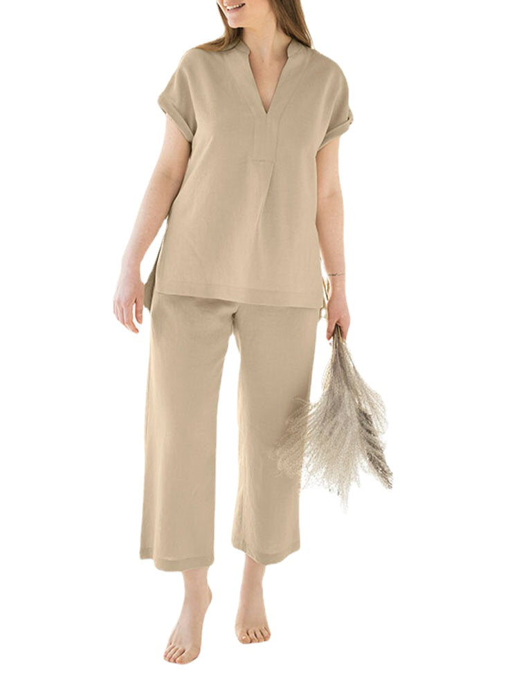 Leisure Solid Split Elastic Waist Short Sleeve Cotton Suit