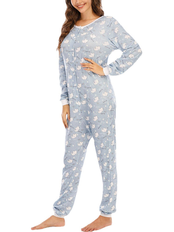 Plus Size Women Cute Cartoon Elephant Print Long Sleeve Pants Rompers Home Casual Sleepwear