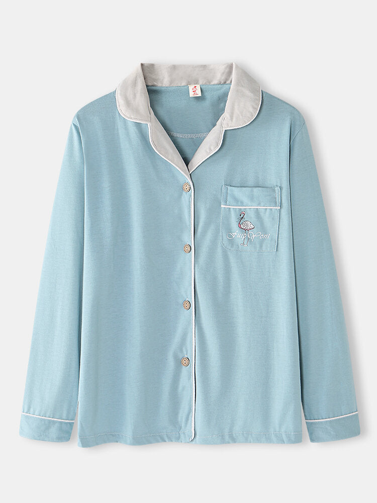 Plus Size Women's Cotton Flamingo Pajama Set - Long Sleeve, Button-Up, Two-Piece Secondary image