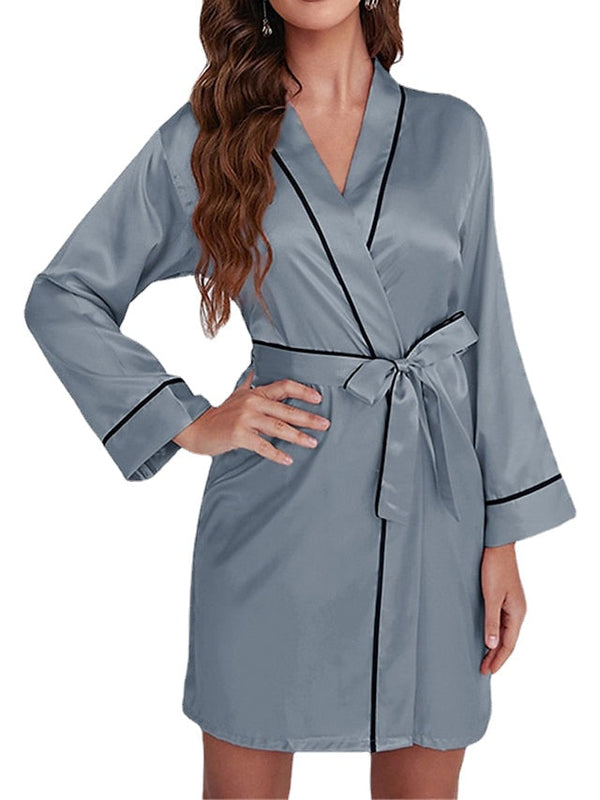 Elegant Women's Satin V-Neck Wrap Mini Dress - Luxury Solid Color Lounge Wear