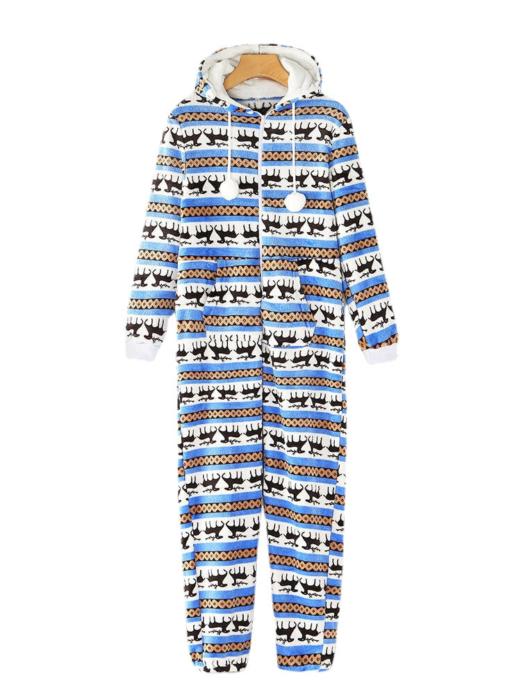 Christmas Women Flannel Elk Graphics Pocket Hooded Jumpsuits Cozy Warm Sleepwear Main image