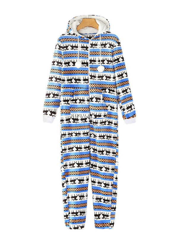 Christmas Women Flannel Elk Graphics Pocket Hooded Jumpsuits Cozy Warm Sleepwear