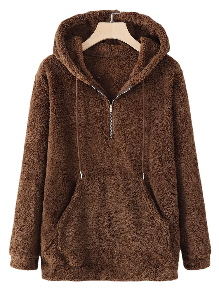 Women Plush Warm Hooded Solid Zipper Long Sleeve Kangaroo Pocket Casual Sweatshirts Main image