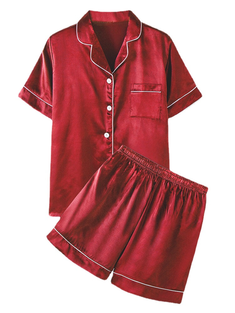 Plus Size Women's Faux Silk Pajama Set - Solid Color, Revere Collar, Smooth & Casual