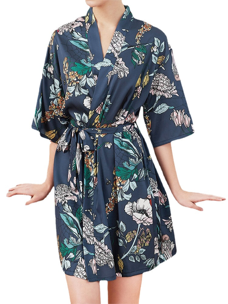Plus Size Floral Print Half Sleeve Faux Silk Sleepwear Robe for Women