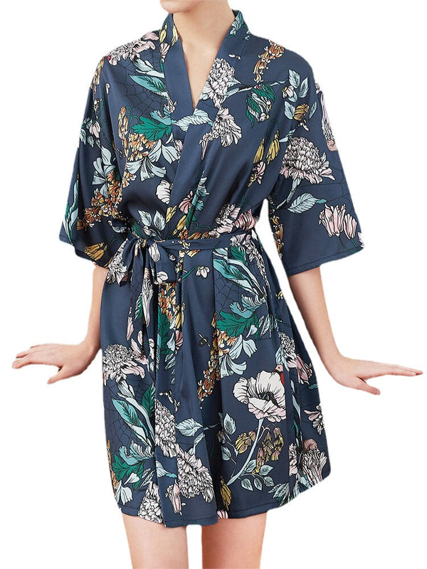 Plus Size Floral Print Half Sleeve Faux Silk Sleepwear Robe for Women