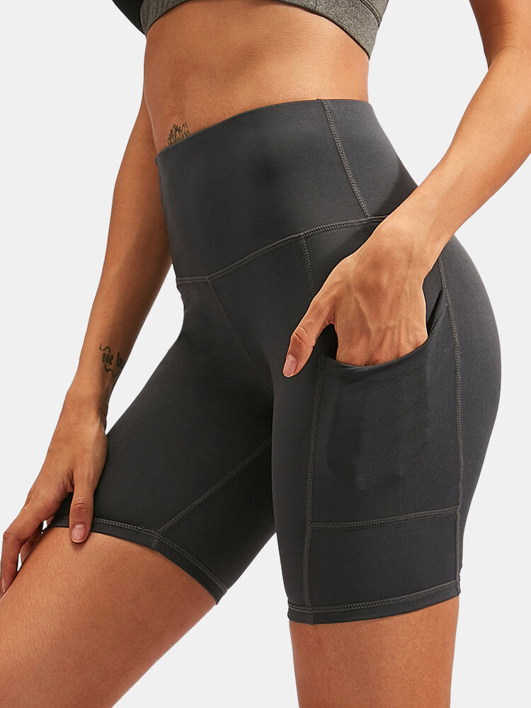 Women Solid Color Quick Dry Yoga Sport High Elastic Shorts With Side Pocket Main image