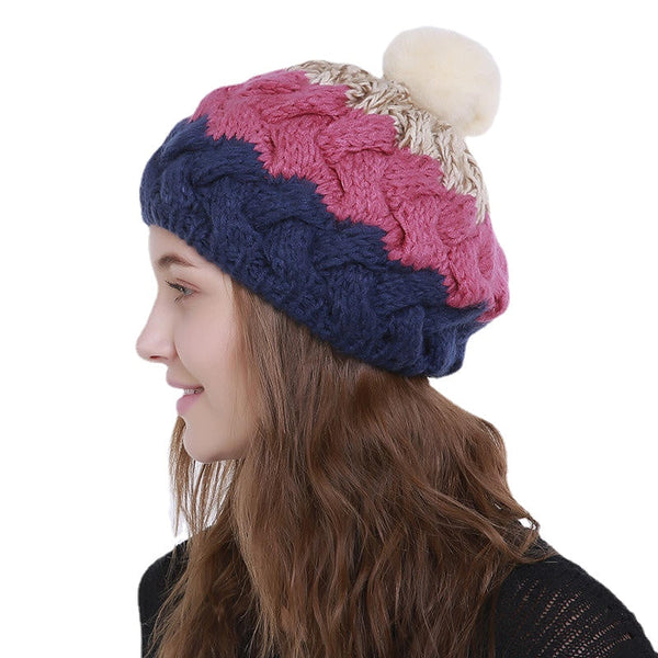 Women Vintage Patchwork Knit Hat Outdoor Winter Earmuffs Ski Skull Cap Beanie