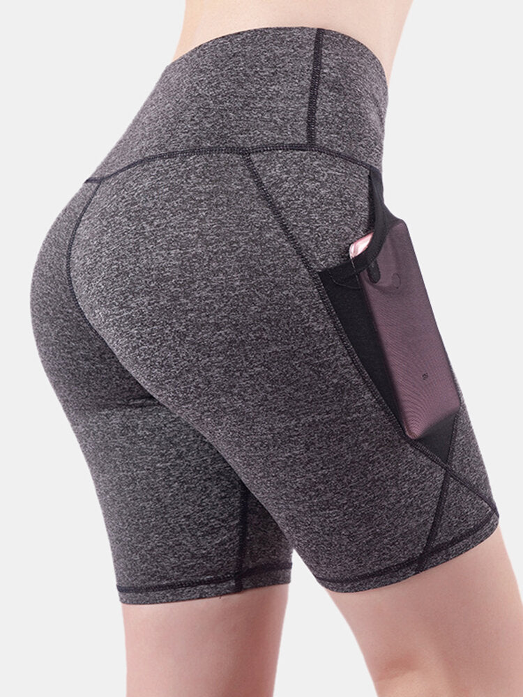 Women Dry Quickly Solid Color Sports High Waist Biker Shorts With Mesh Pockets Secondary image