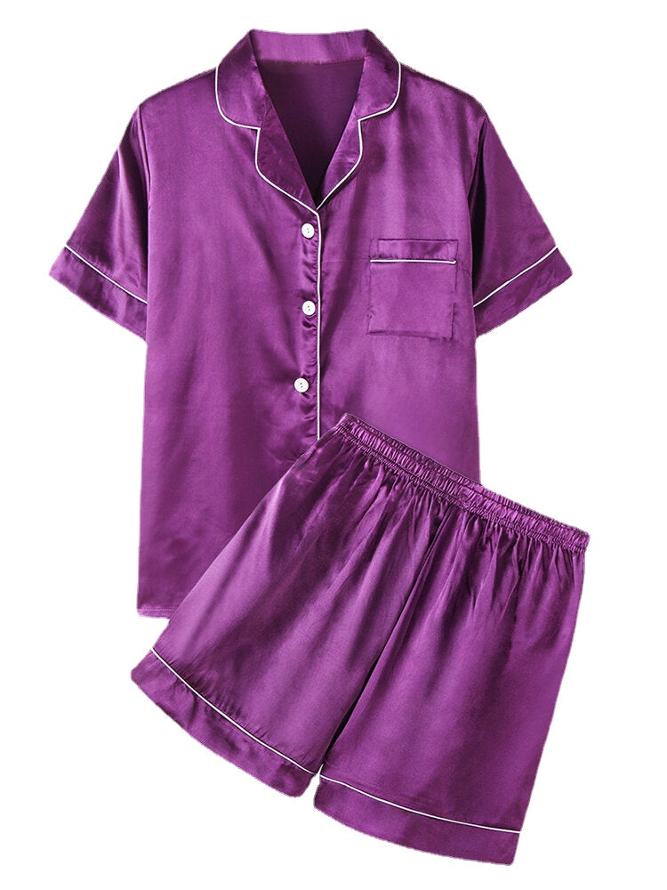 Plus Size Women's Faux Silk Pajama Set - Solid Color, Revere Collar, Smooth & Casual