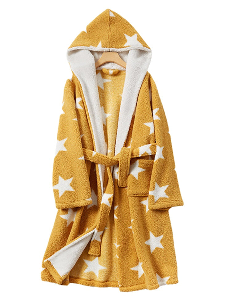Women's Star Print Fleece Hooded Robe with Pockets - Warm & Cozy