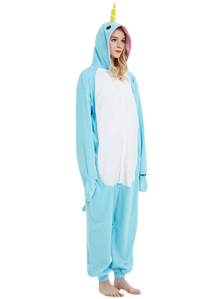Women's Cute Narwhal Fleece Hooded Jumpsuit - Cozy Animal Onesie Pajamas
