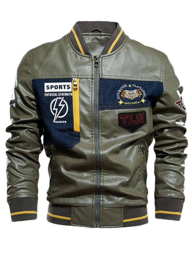 Mens Graphics Embroidery Baseball Collar PU Leather Jacket Main image