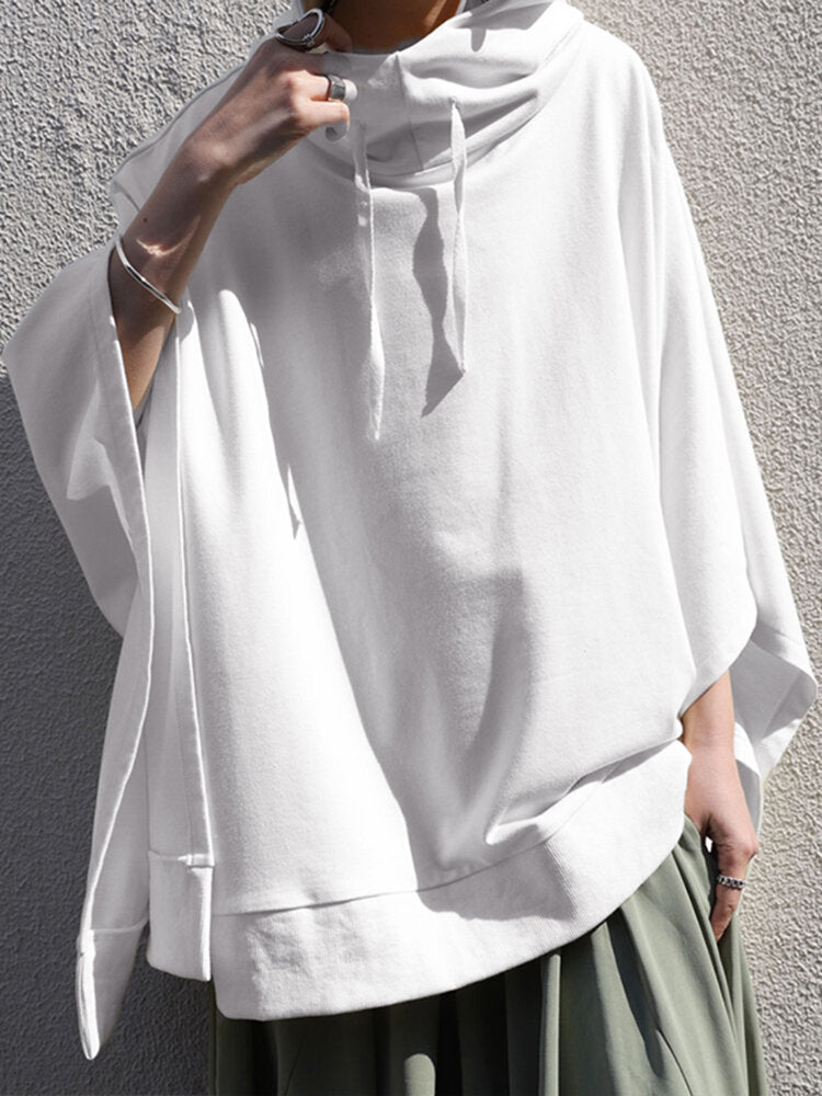 Women Solid Color Turtleneck Collar Dolman Sleeveless Retro Hooded Sweatshirt