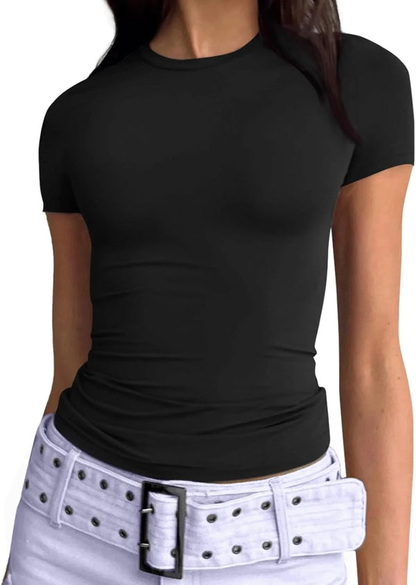 Womens Basic T-Shirts Scoop Neck Short Sleeve Crop Tops Cute Summer Tops Slim Fit Tees