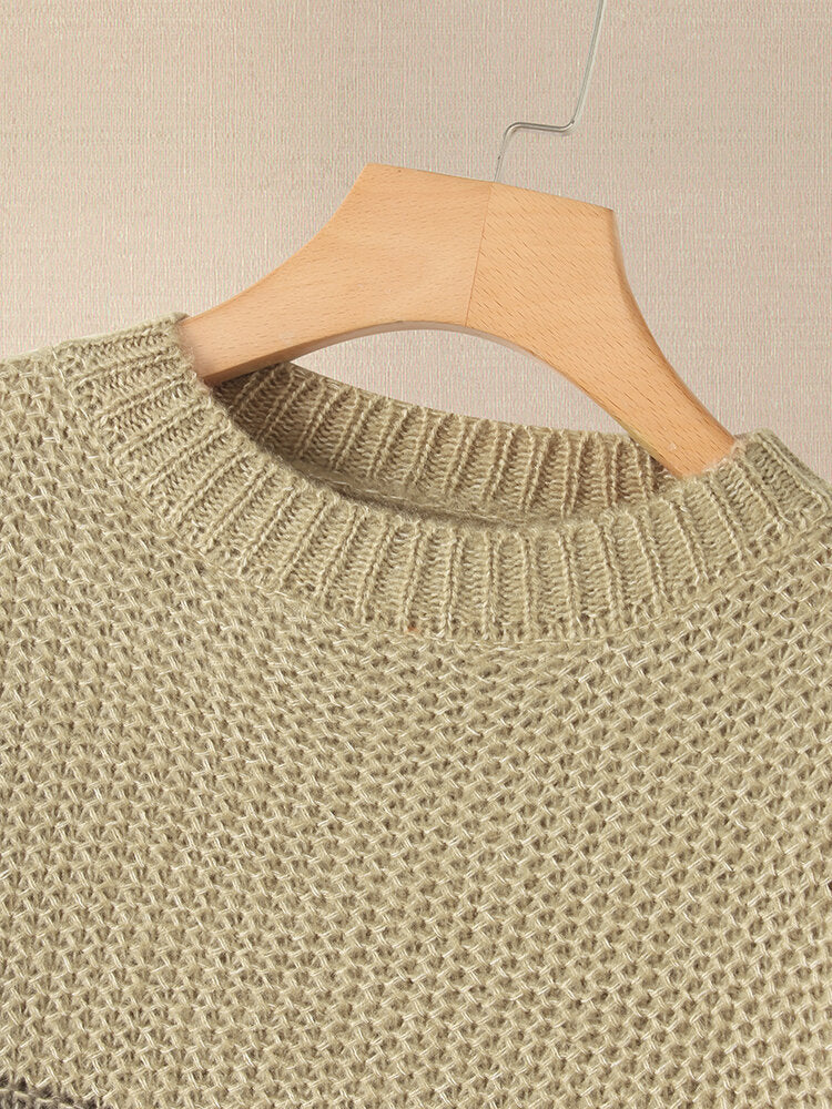 Women Contrast Color Patchwork Round Neck Long Sleeve Knitted Casual Sweater