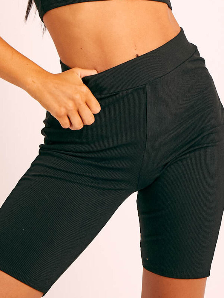 Women Solid Color High Waist Elastic Sport Fitness Shorts