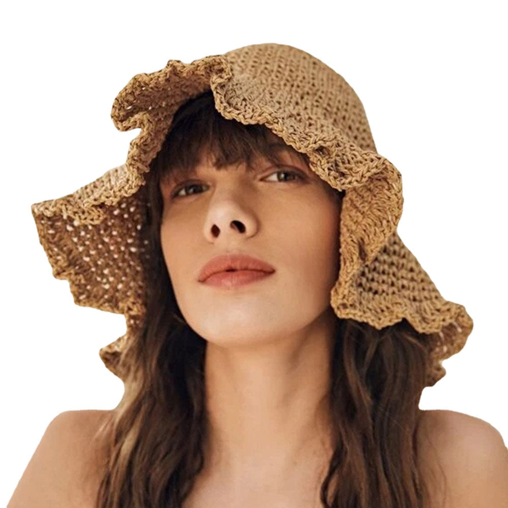 Women Fungus Edge Back Opening Bowknot Straw Hat Summer Sun Protection Bucket Hat Main image