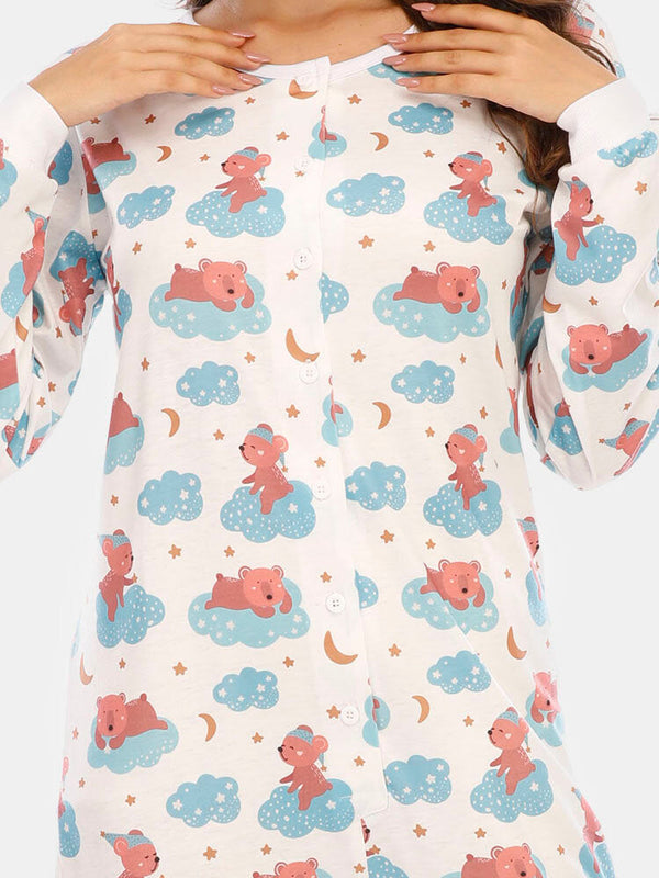 Plus Size Women Cute Cartoon Bear Print Round Neck Long Sleeve Half Button Home Sleepwear Rompers