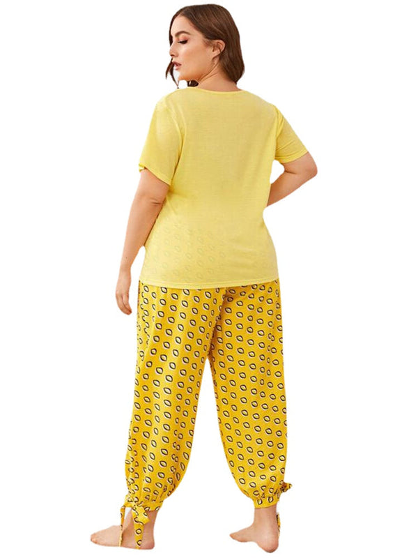 Plus Size V-Neck Top & Print Tie Pants Pajama Set for Women