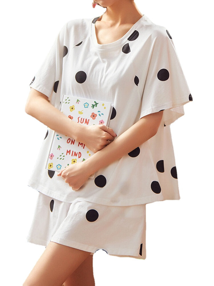 Women's Polka Dot Pajama Set: Round Neck, Short Sleeve, Casual Shorts