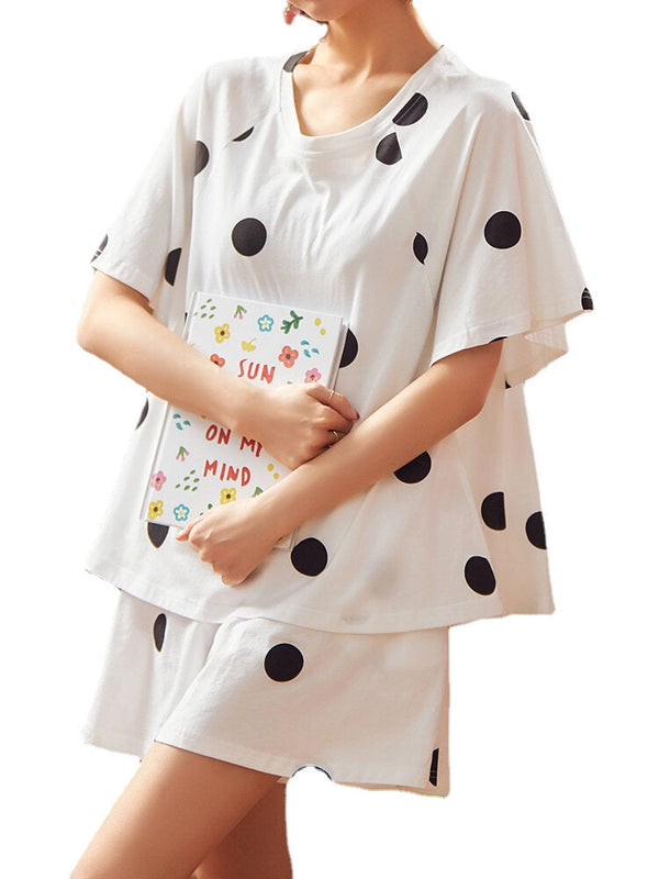 Women's Polka Dot Pajama Set: Round Neck, Short Sleeve, Casual Shorts