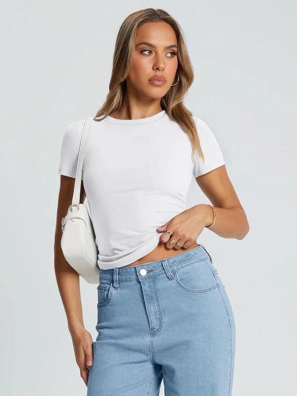 Womens Basic Short Sleeve Slim Fit T Shirts Soft Crewneck Crop Tee Summer Cute Gym Fashion Clothes